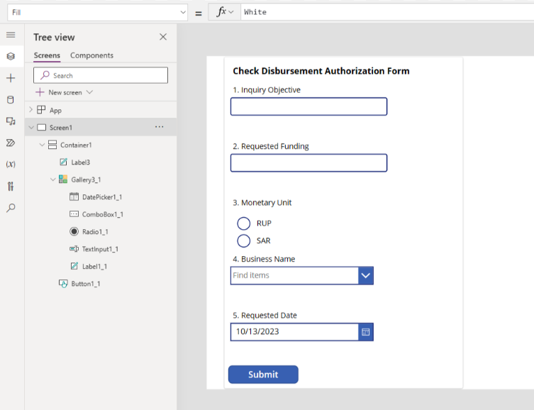 A view of PowerApps as Inserting the Submit button after duplicating the dynamic form within the vertical container