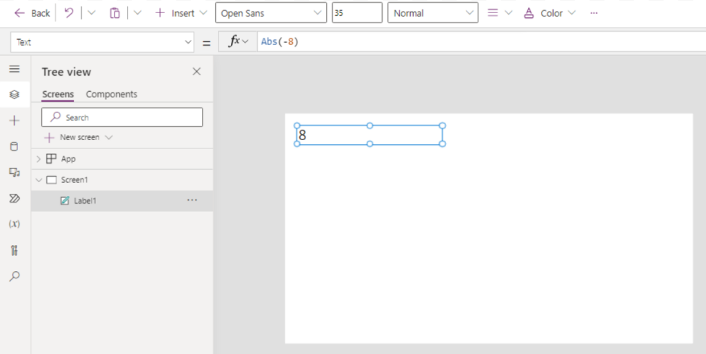 A view of illustrating the Abs function in Power Apps.