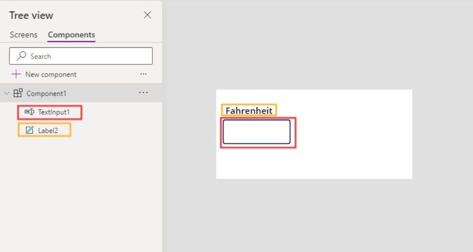 Adding an Input field for Fahrenheit with label for Developing a Component app within Power Apps