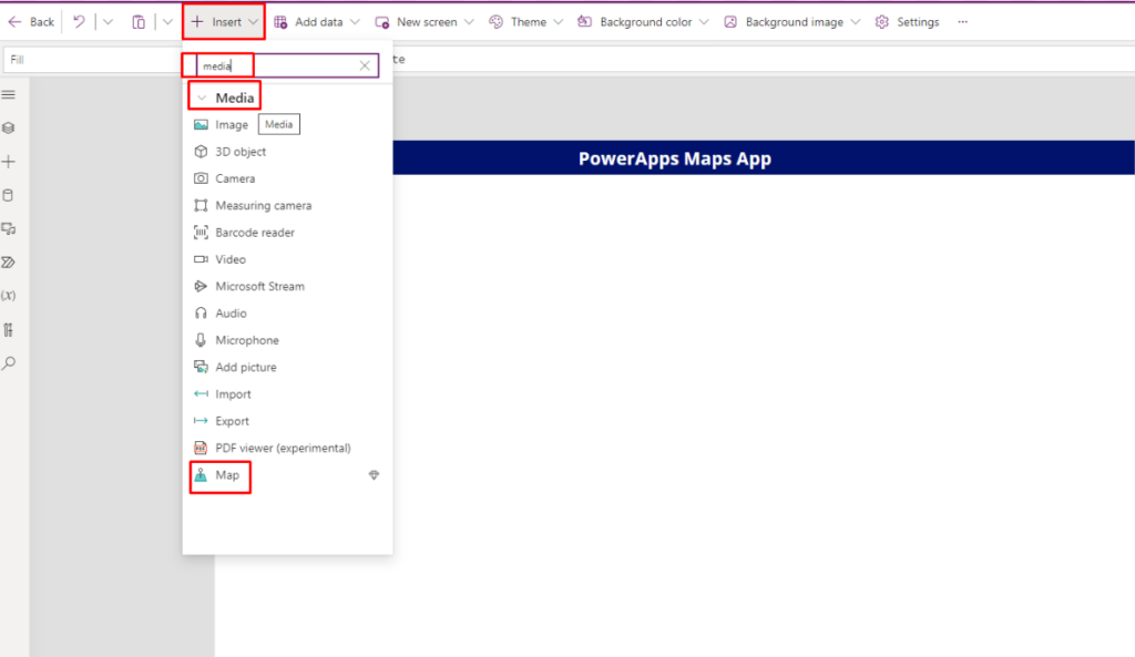 Adding map from media menu in PowerApps