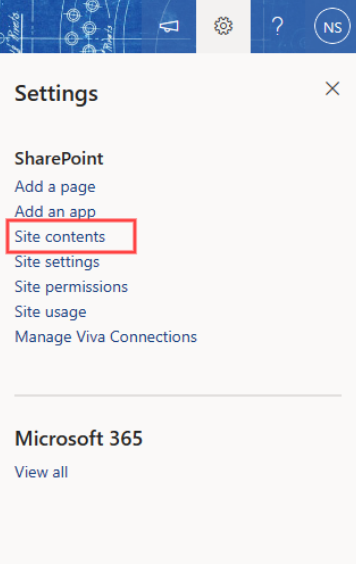 After Creating a sharepoint list navigate to the Gear icon and proceed to choose Site Contents for Power Apps Dynamic Forms