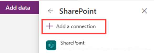After navigating to data section with the Add data option making a connection of sharepoint list with our CanvasApps step-2