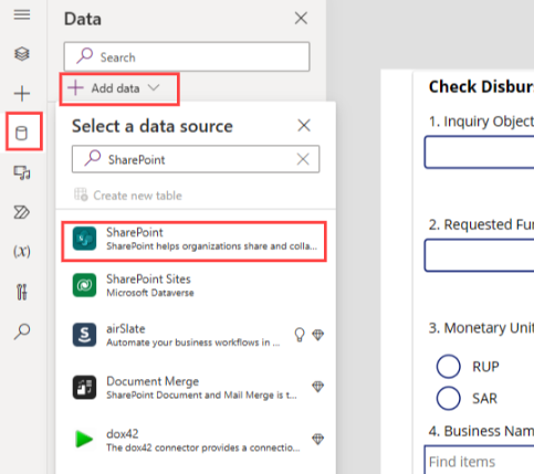 After navigating to data section with the Add data option making a connection of sharepoint list with our CanvasApps