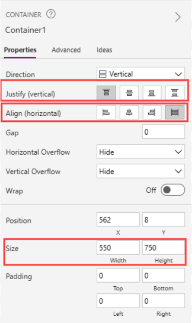 Configure the vertical container as depicted in the provided illustration in PowerApps