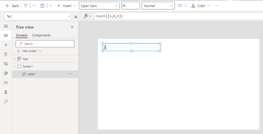 Count function demonstration in the Power Apps environment.
