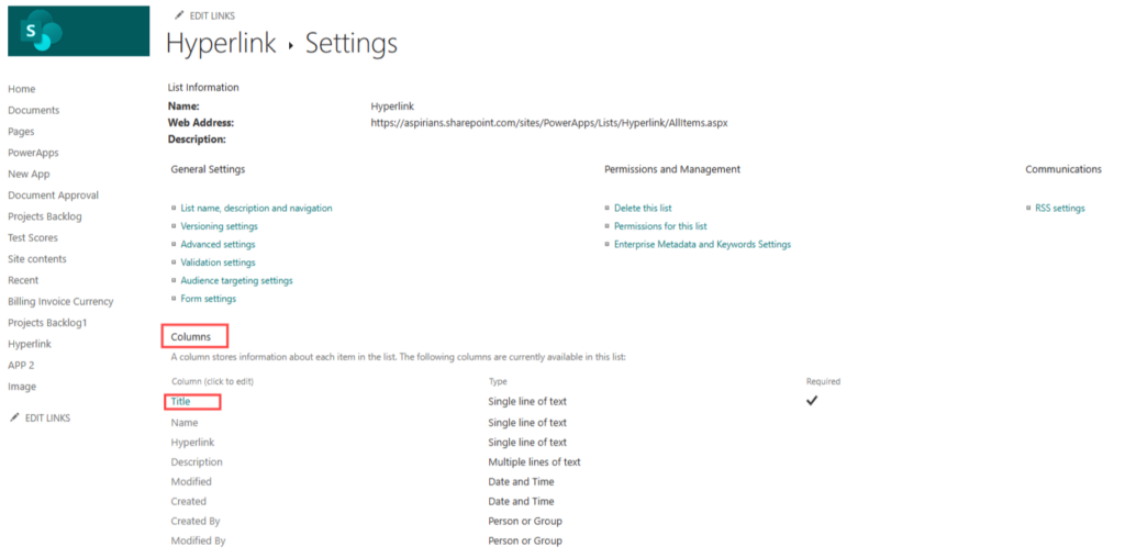 From settings selecting title option in PowerApps