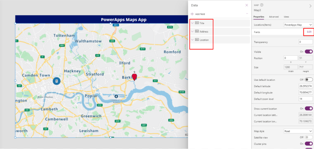 Including the custom columns you want to appear on the card for maps in PowerApps