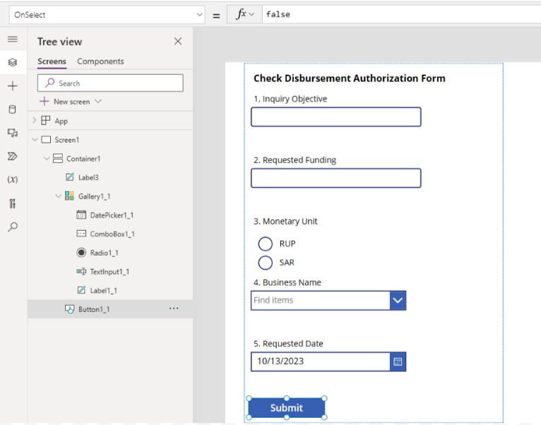 Initiating the data submission process by clicking the Submit button for dynamic forms in Our Canvas App