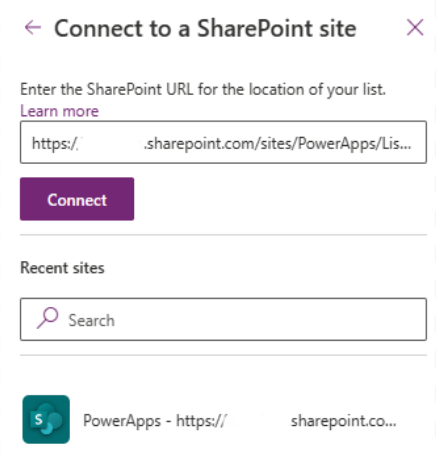 Making a connection of sharepoint list with our CanvasApps by accessing the Recent sites list