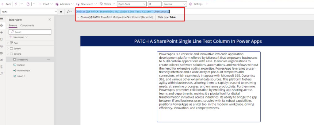 Multiple-line text column customization to perform Person type column Patch function