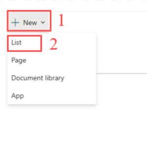 Navigate to New option and choosing the List option in our new sharepoint list for Power Apps Dynamic Forms