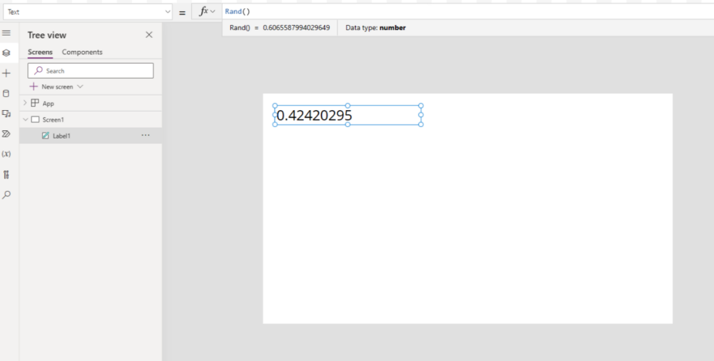 Random number generation with the Rand function in Power Apps.