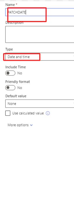 Specifying the column name to be utilized as the 'Name' property for the 'Text in the new sharepoint list to perform PATCH A SharePoint Date & Time Column