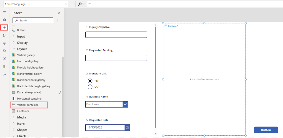 Transfer the dynamic form components to a new vertical container in PowerApps