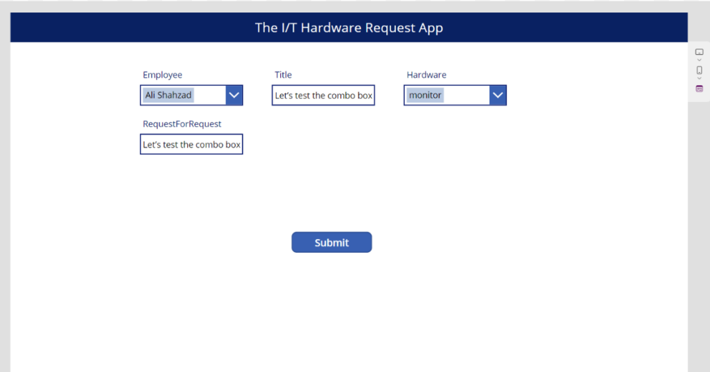 A view of the IT Hardware Request App in Power Apps for People Picker