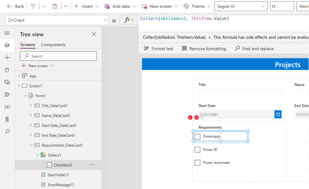 Configuring SharePoint Power Apps checkbox for tracking selections in project management