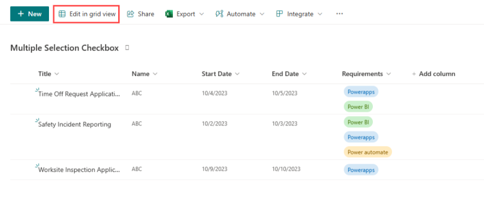 Editing SharePoint list in grid view to manage Power Apps Checkbox data