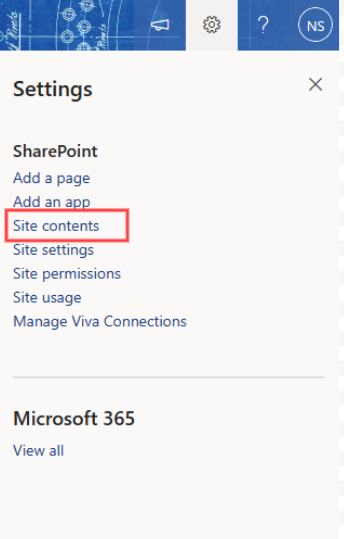 In Sharepoint navigate to the ‘Gear’ icon and proceed to choose ‘Site Contents to perform Hyperlink Column the Patch Function in Power Apps