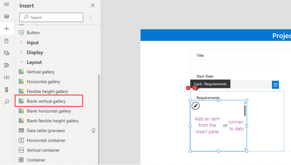 Inserting a blank vertical gallery into a Power Apps form for SharePoint checkbox functionality