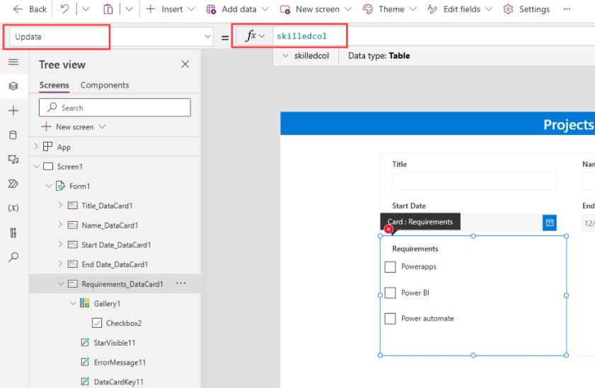 Modification of the card's Update property with SharePoint Power Apps Checkbox functionality