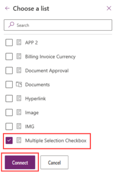 Multiple Selection Checkbox' from a SharePoint list in Power Apps before connecting