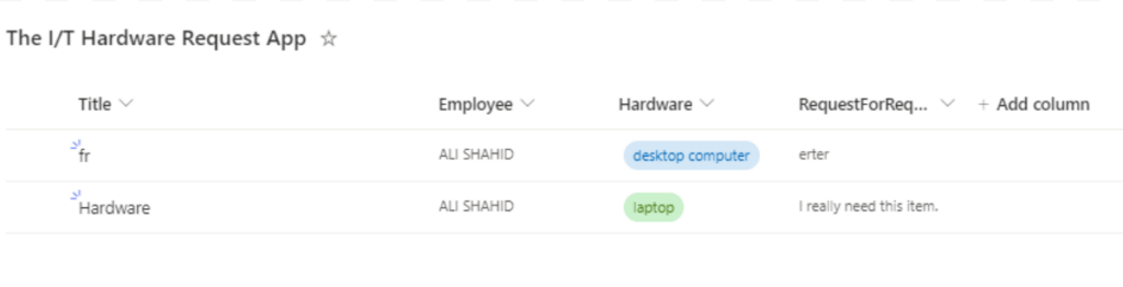 New SharePoint list creation of IT Hardware Requests