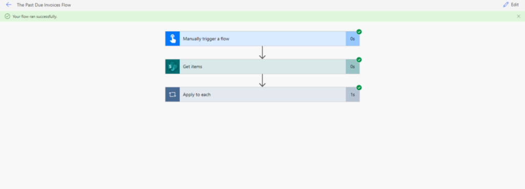 Power Automate flowchart showing simultaneous updates of overdue invoices for a plumbing firm