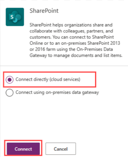 Selecting the 'Connect directly (cloud services)' option for SharePoint Online integration in Power Apps