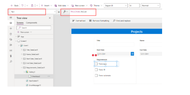 SharePoint Power Apps interface displaying checkboxes with Power Apps, Automate, and BI labels