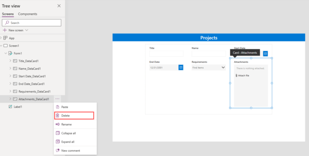 Unlocking and deleting the Attachments Data Card in SharePoint Power Apps for checkbox customization step-2